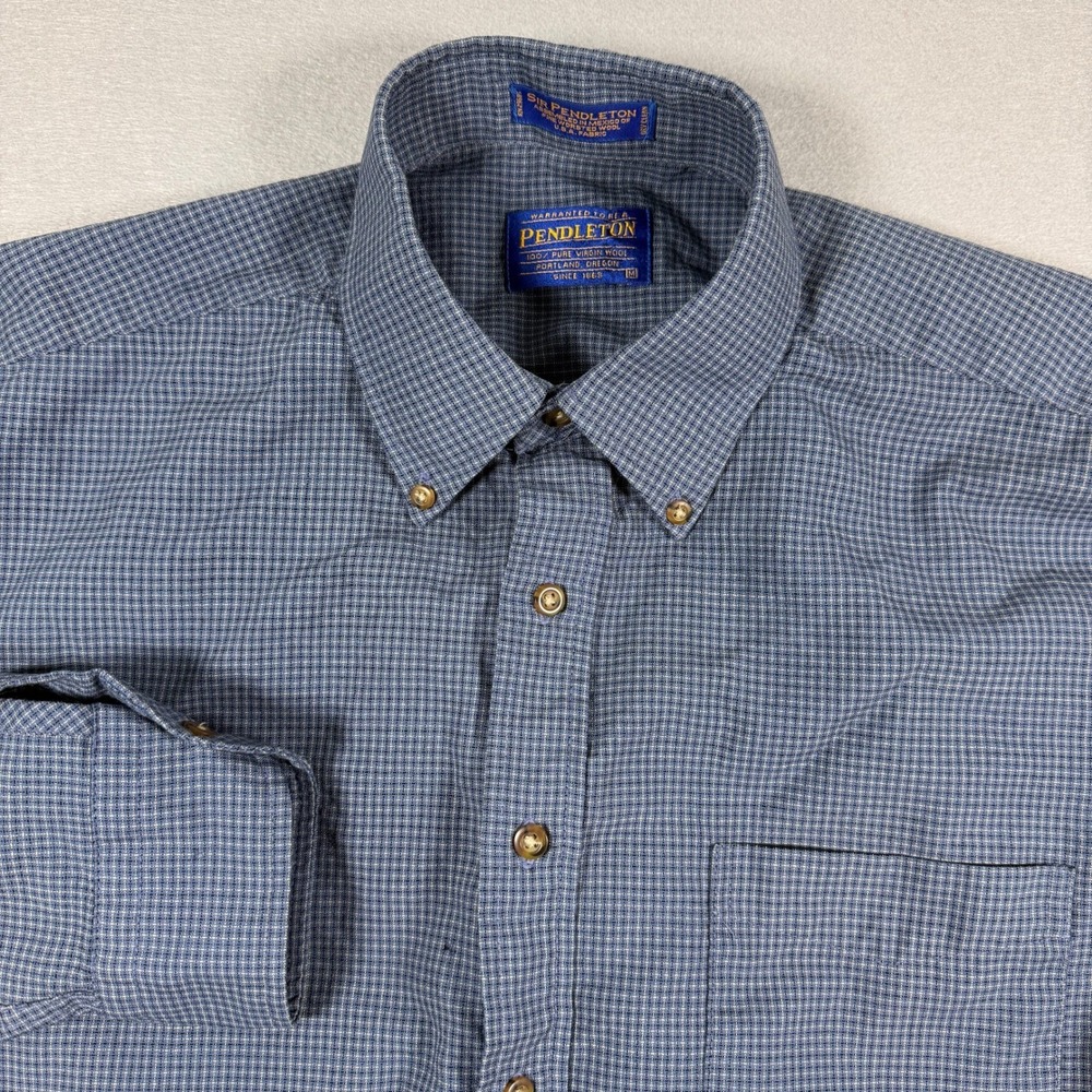 Pendleton Sir Pendleton Shirt Mens M Blue MicroCheck 100% Wool Button Down USA